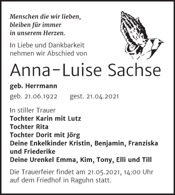 Traueranzeige von Anna-Luise Sachse von Trauerkombi Bitterfeld