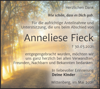 Traueranzeige von Anneliese Fieck von Trauerkombi Wittenberg