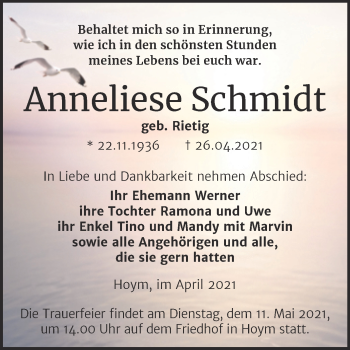 Traueranzeige von Anneliese Schmidt von Trauerkombi Aschersleben