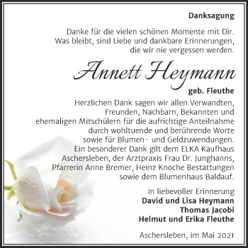 Traueranzeige von Annett Heymann von Trauerkombi Aschersleben