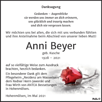 Traueranzeige von Anni Beyer von Trauerkombi Weißenfels