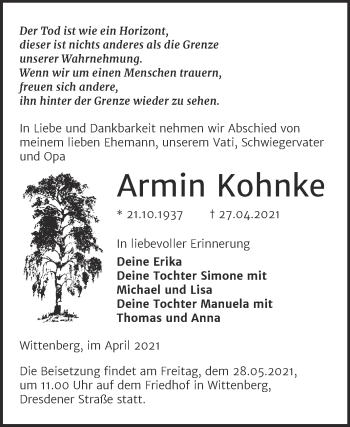 Traueranzeige von Armin Kohnke von Trauerkombi Wittenberg