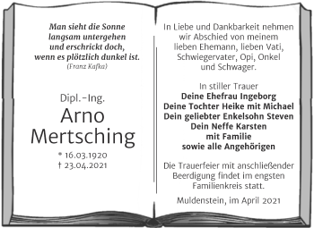 Traueranzeige von Arno Mertsching von Trauerkombi Bitterfeld