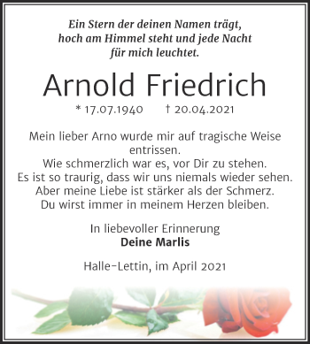 Traueranzeige von Arnold Friedrich von Mitteldeutsche Zeitung Halle/Saalkreis
