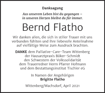 Traueranzeige von Bernd Flatho von Super Sonntag Wittenberg