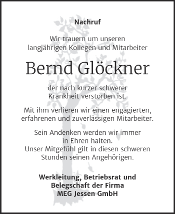 Traueranzeige von Bernd Glöckner von Super Sonntag Wittenberg