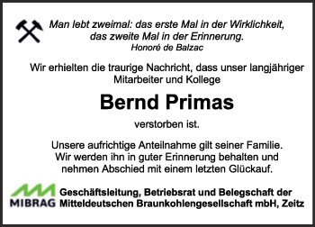 Traueranzeige von Bernd Primas von Mitteldeutsche Zeitung Zeitz