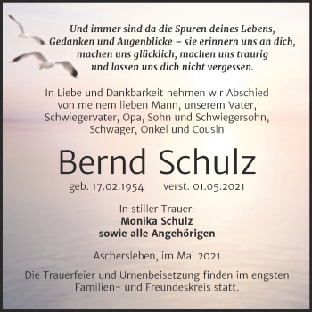 Traueranzeige von Bernd Schulz von Trauerkombi Aschersleben