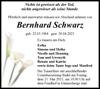 Traueranzeige von Bernhard Schwarz von Trauerkombi Quedlinburg