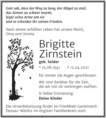 Traueranzeige von Brigitte Zirnstein von Mitteldeutsche Zeitung Bernburg