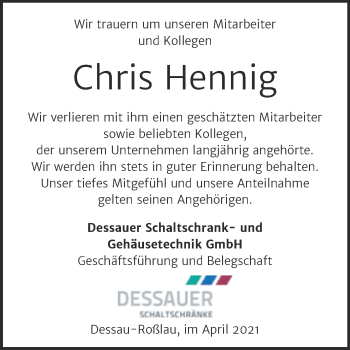 Traueranzeige von Chris Hennig von Super Sonntag Dessau-Roßlau