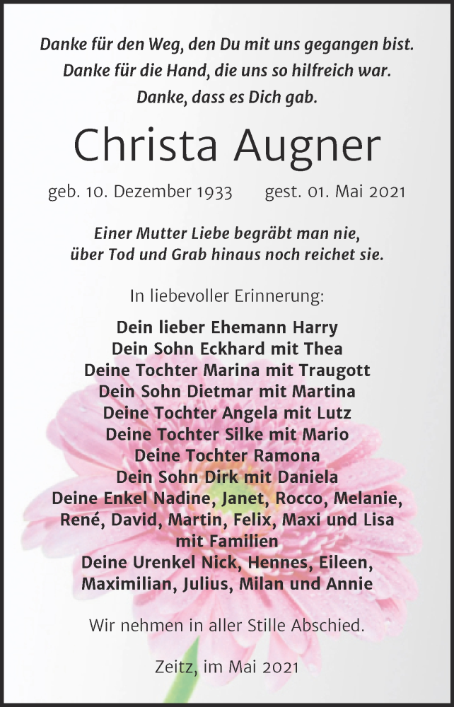 Traueranzeige für Christa Augner vom 08.05.2021 aus Trauerkombi Zeitz