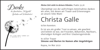 Traueranzeige von Christa Galle von Trauerkombi Zeitz