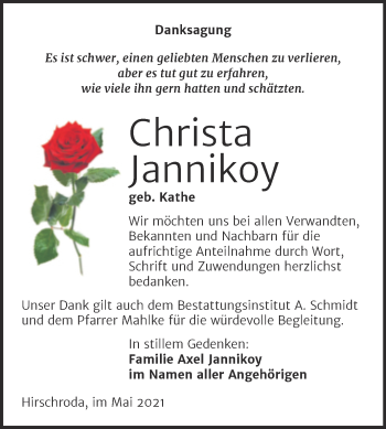 Traueranzeige von Christa Jannikoy von Naumburger Tageblatt
