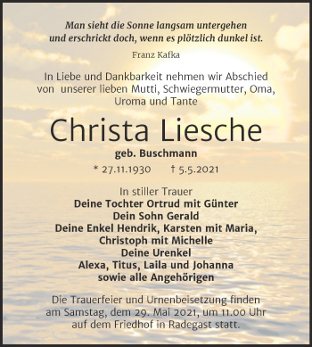 Traueranzeige von Christa Liesche von Trauerkombi Köthen