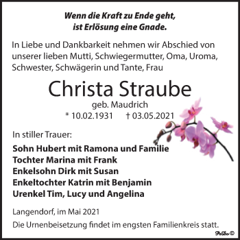 Traueranzeige von Christa Straube von Trauerkombi Weißenfels