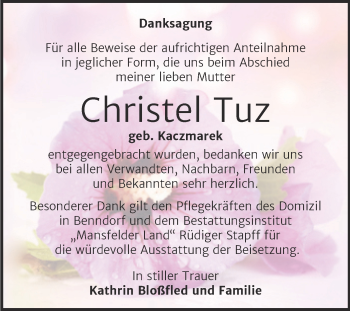 Traueranzeige von Christel Tuz von Trauerkombi Mansfelder Land