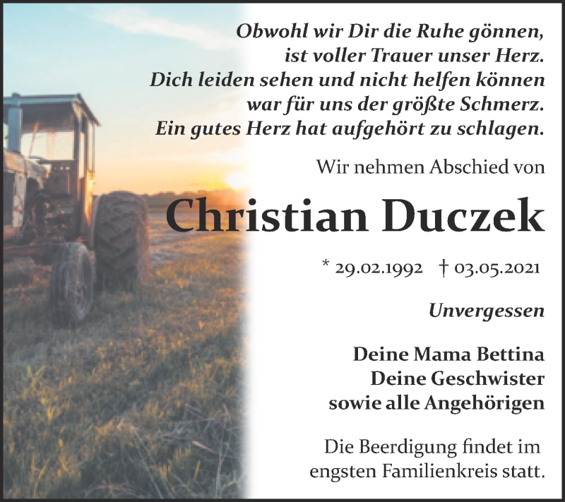  Traueranzeige für Christian Duczek vom 08.05.2021 aus Trauerkombi Bitterfeld