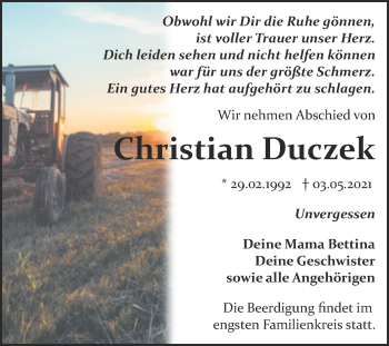 Traueranzeige von Christian Duczek von Trauerkombi Bitterfeld