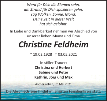 Traueranzeige von Christine Feldheim von Trauerkombi Aschersleben