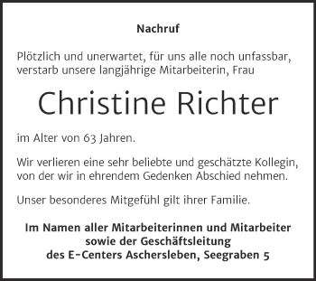 Traueranzeige von Christine Richter von Super Sonntag Aschersleben