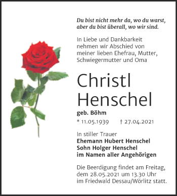 Traueranzeige von Christl Henschel von Trauerkombi Dessau