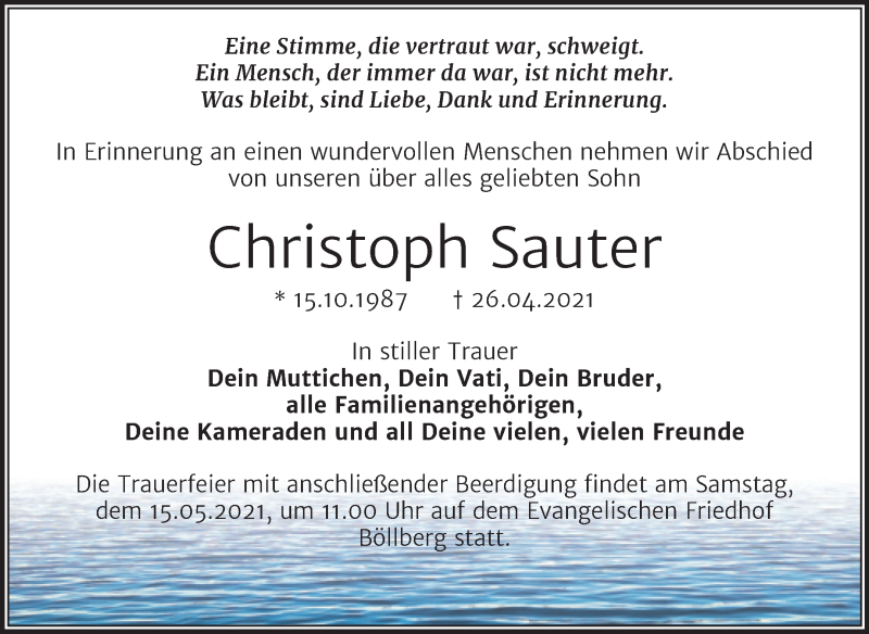  Traueranzeige für Christoph Sauter vom 08.05.2021 aus Mitteldeutsche Zeitung Halle/Saalkreis