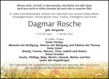 Traueranzeige von Dagmar Rosche von Trauerkombi Köthen