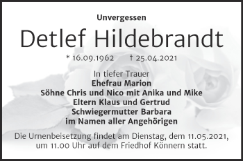Traueranzeige von Detlef Hildebrandt von Trauerkombi Bernburg