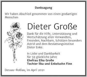Traueranzeige von Dieter Große von Trauerkombi Dessau