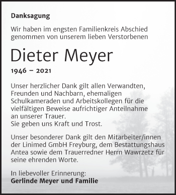 Traueranzeige von Dieter Meyer von Trauerkombi Weißenfels