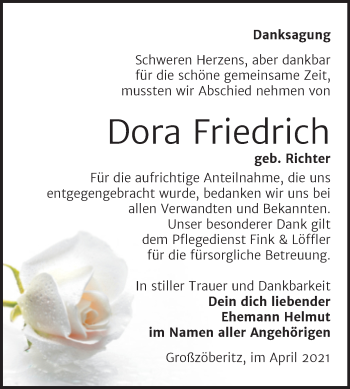 Traueranzeige von Dora Friedrich von Trauerkombi Bitterfeld