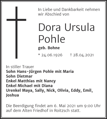Traueranzeige von Dora Ursula Pohle von Mitteldeutsche Zeitung Bitterfeld