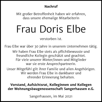 Traueranzeige von Doris Elbe von Mitteldeutsche Zeitung Sangerhausen