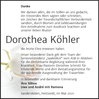 Traueranzeige von Dorothea Köhler von Trauerkombi Mansfelder Land