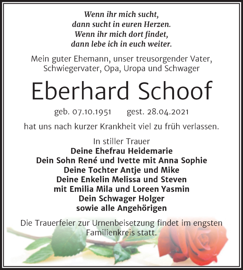  Traueranzeige für Eberhard Schoof vom 03.05.2021 aus Trauerkombi Merseburg