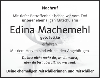 Traueranzeige von Edina Machemehl von Trauerkombi Aschersleben