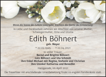 Traueranzeige von Edith Böhnert von Trauerkombi Quedlinburg