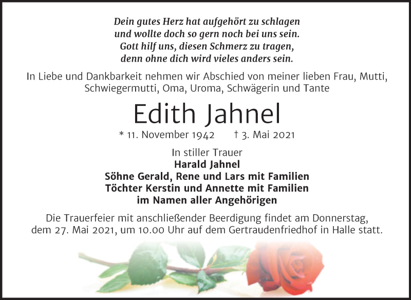  Traueranzeige für Edith Jahnel vom 08.05.2021 aus Mitteldeutsche Zeitung Halle/Saalkreis