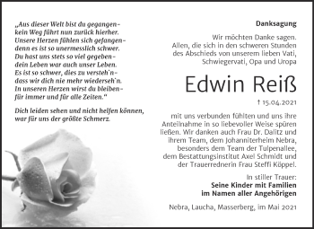 Traueranzeige von Edwin Reiß von Wochenspiegel Naumburg/Nebra