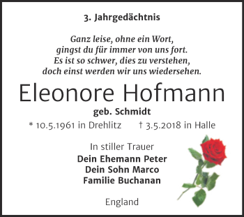 Traueranzeige von Eleonore Hofmann von Mitteldeutsche Zeitung Halle/Saalkreis