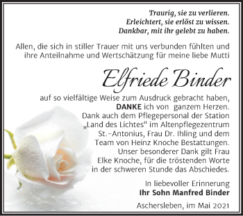 Traueranzeige von Elfriede Binder von Trauerkombi Aschersleben