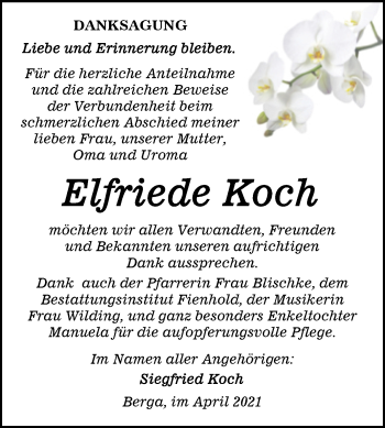 Traueranzeige von Elfriede Koch von Trauerkombi Sangerhausen