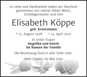 Traueranzeige von Elisabeth Köppe von Mitteldeutsche Zeitung Halle/Saalkreis