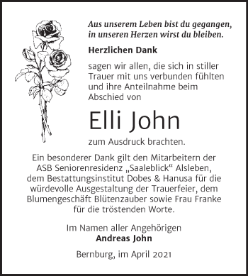 Traueranzeige von Elli John von Trauerkombi Bernburg