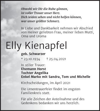 Traueranzeige von Elly Kienapfel von Super Sonntag Naumburg/Nebra