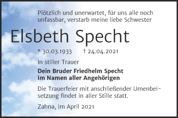Traueranzeige von Elsbeth Specht von Trauerkombi Wittenberg