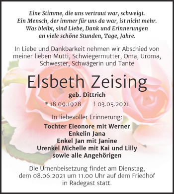 Traueranzeige von Elsbeth Zeising von Trauerkombi Köthen
