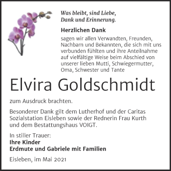 Traueranzeige von Elvira Goldschmidt von Trauerkombi Mansfelder Land