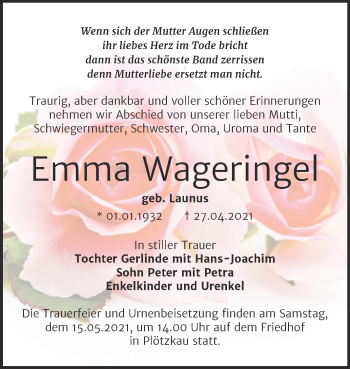 Traueranzeige von Emma Wageringel von Trauerkombi Bernburg